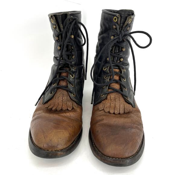 Justin Men's 12D Two Tone Black Tan Vintage Lace Up Leather Ankle Boots - Picture 3 of 9